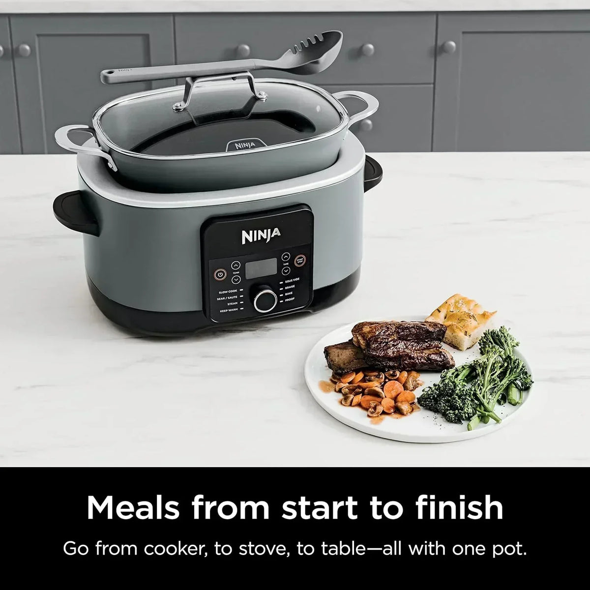 Ninja Slow Cooker 8.5 Quart Multi Cooker with Dutch oven steamer glass lid with integrated spoon