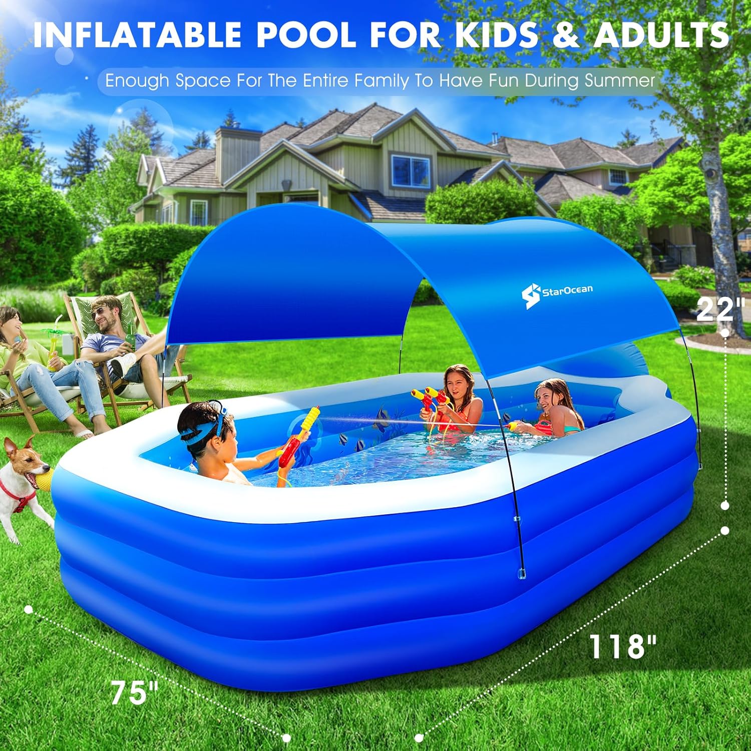 Inflatable Pool with Canopy, Large Inflatable Swimming Pool for Kids,Adult, Blow Up Pools with Seats,Backrest.Durable Thickened Inflatable Family Pools for Backyard,118x75x22-Dark Blue