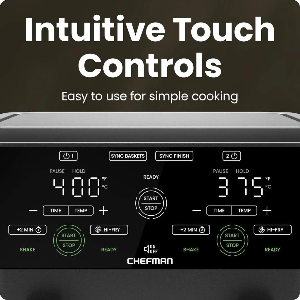Chefman 6-Quart Double Basket Air Fryer with Easy View Window uses two separate 3-quart nonstick pans.