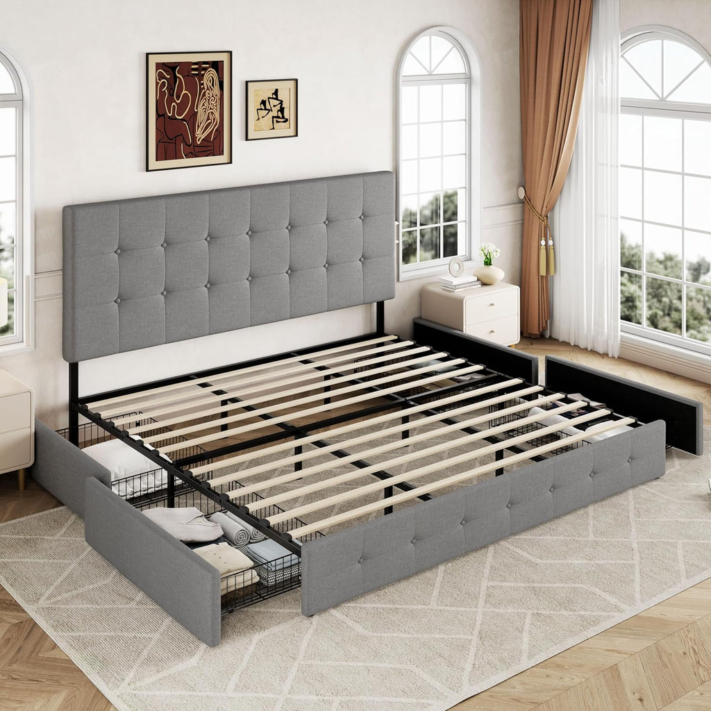 Allewie Upholstered Queen Size Platform Bed Frame with 4 Storage Drawers and Headboard