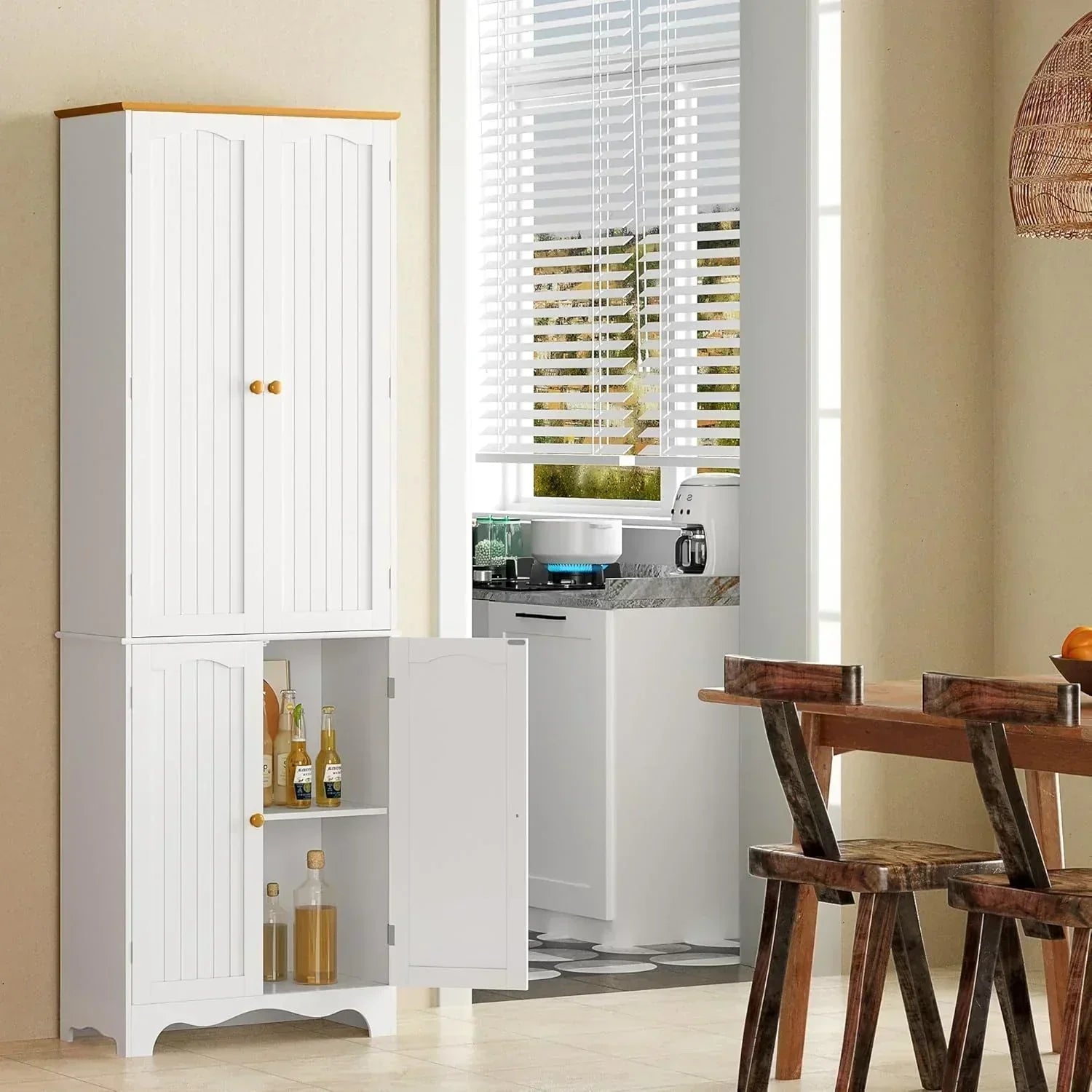 Tall Pantry Cabinet Freestanding Storage Cabinet Wooden Kitchen Pantry with 4 Doors