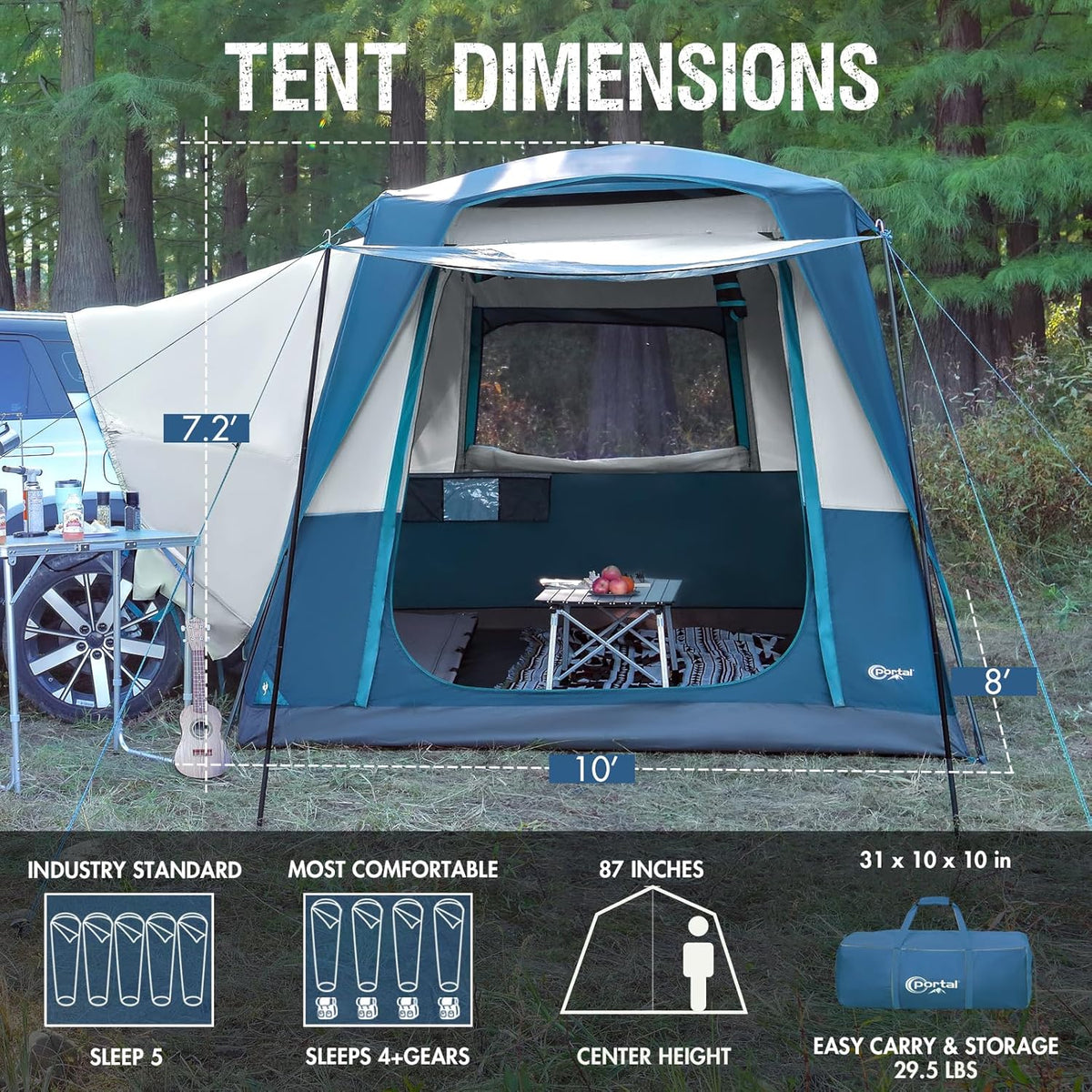 Portal 5-Person SUV Tent with Porch, 2-in-1 Car Camping Tent, Water-Resistant & Windproof, Trunk Tent with 2 Doors for Travel & Outdoor Adventures