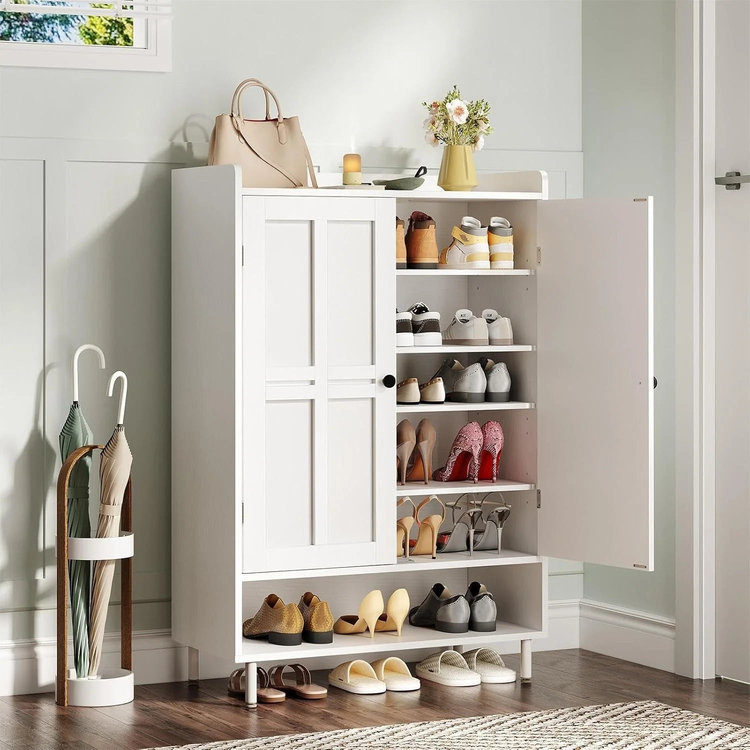 ONBRILL Shoe Storage Cabinet with Cross Molding Doors, 6-Tier Farmhouse Shoe Cabinet