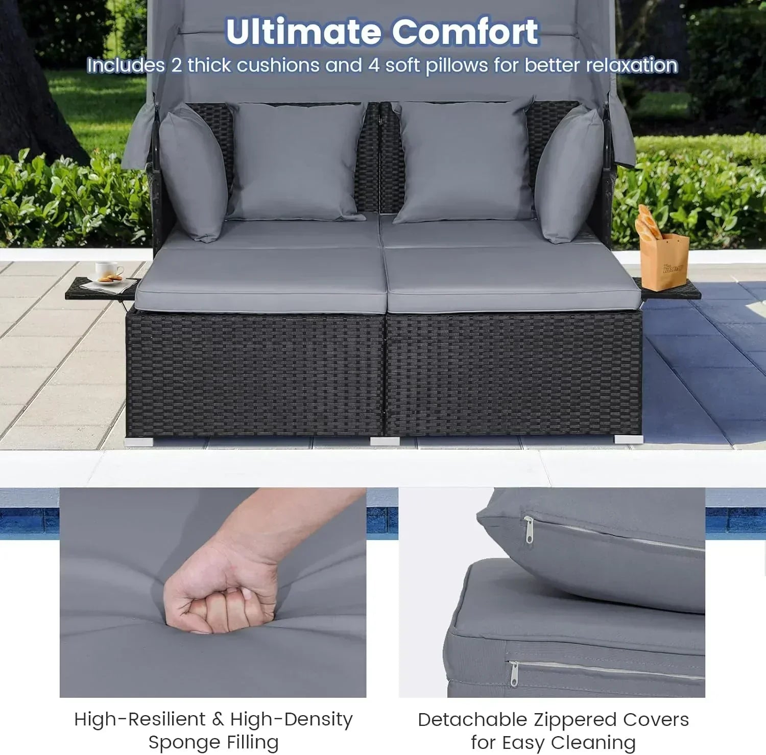 RELAX4LIFE Patio Outdoor Daybed with Canopy Wicker Sunbed Cushions 4 Pillows