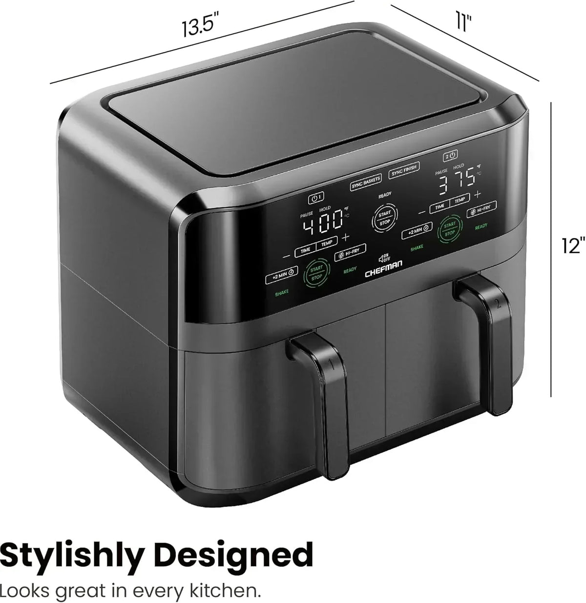 Chefman 6-Quart Dual Basket Air Fryer Digital Touchscreen Smart Sync Finish High-Frying