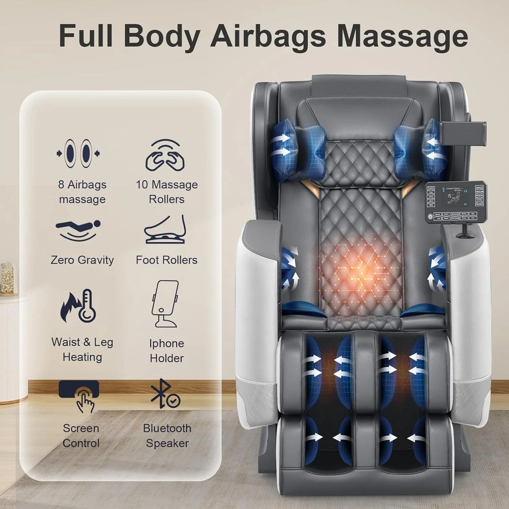 2025 Massage Chair Full Body, Zero Gravity Massage Chair with 10 Fix Rollers, Heating, Foot Massage, Auto Modes, Bluetooth Speaker, Touch Screen Controller (Black & Brown)