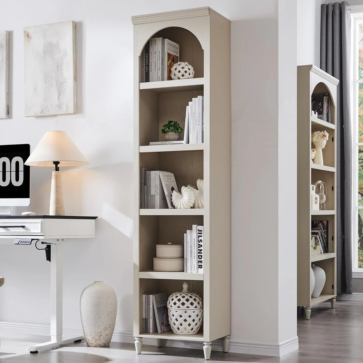 IFGET 76 Tall Arched Bookcase Farmhouse 5 Tiers Large Arched Bookshelf Cabinet Adjustable Shelves