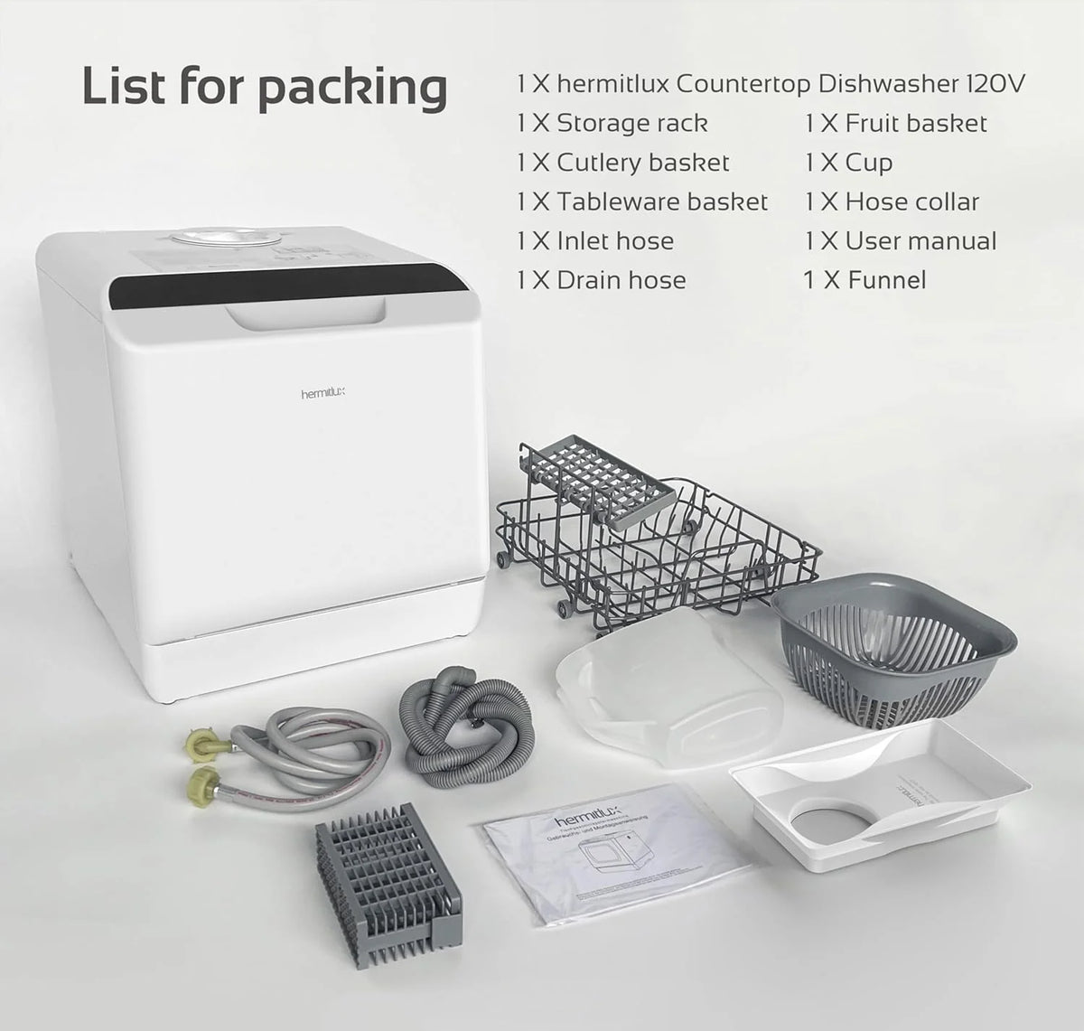 Hermitlux Countertop Dishwasher, 7 Washing Programs Portable Mini Dishwasher with 5-Liter Built-in Water Tank for Apartments & RVs, LED Light, Glass Door, No Hookup Needed