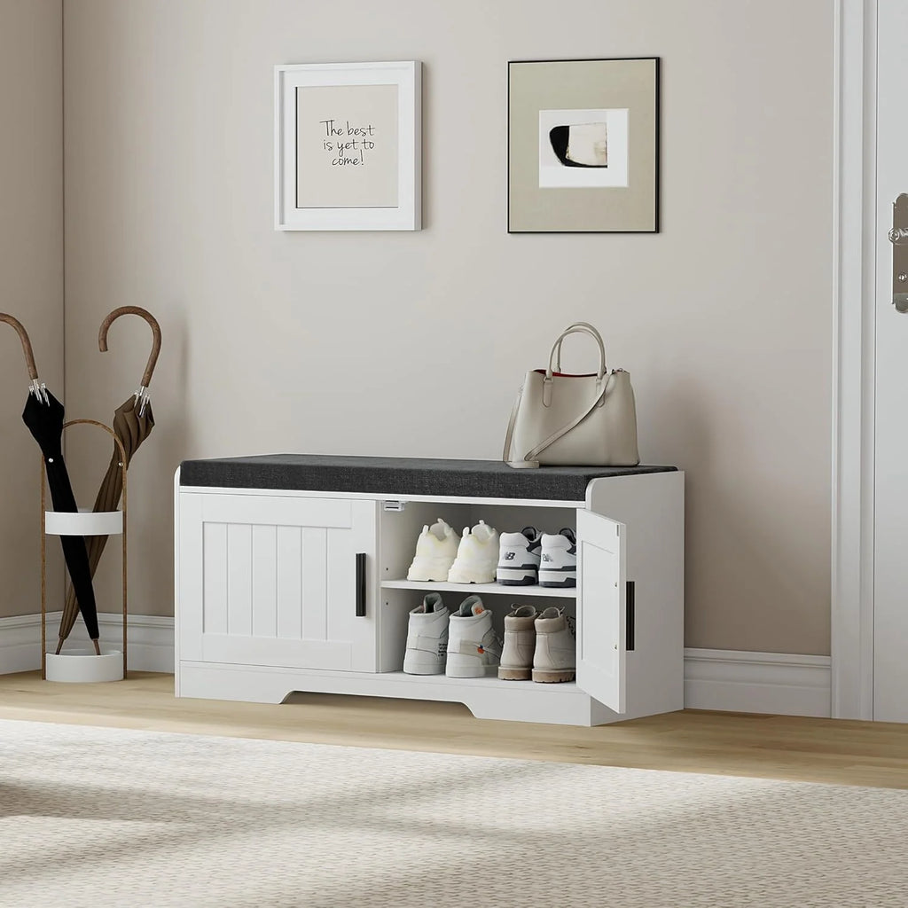 2-Tier Storage Bench, Shoe Bench with Thickened Padded Seat Cushion, Entryway Bench with 4 Doors, Adjustable Shelf, 13.8 D x 45.3 W x 18.5 H, for Entryway, Living Room, Bedroom, White