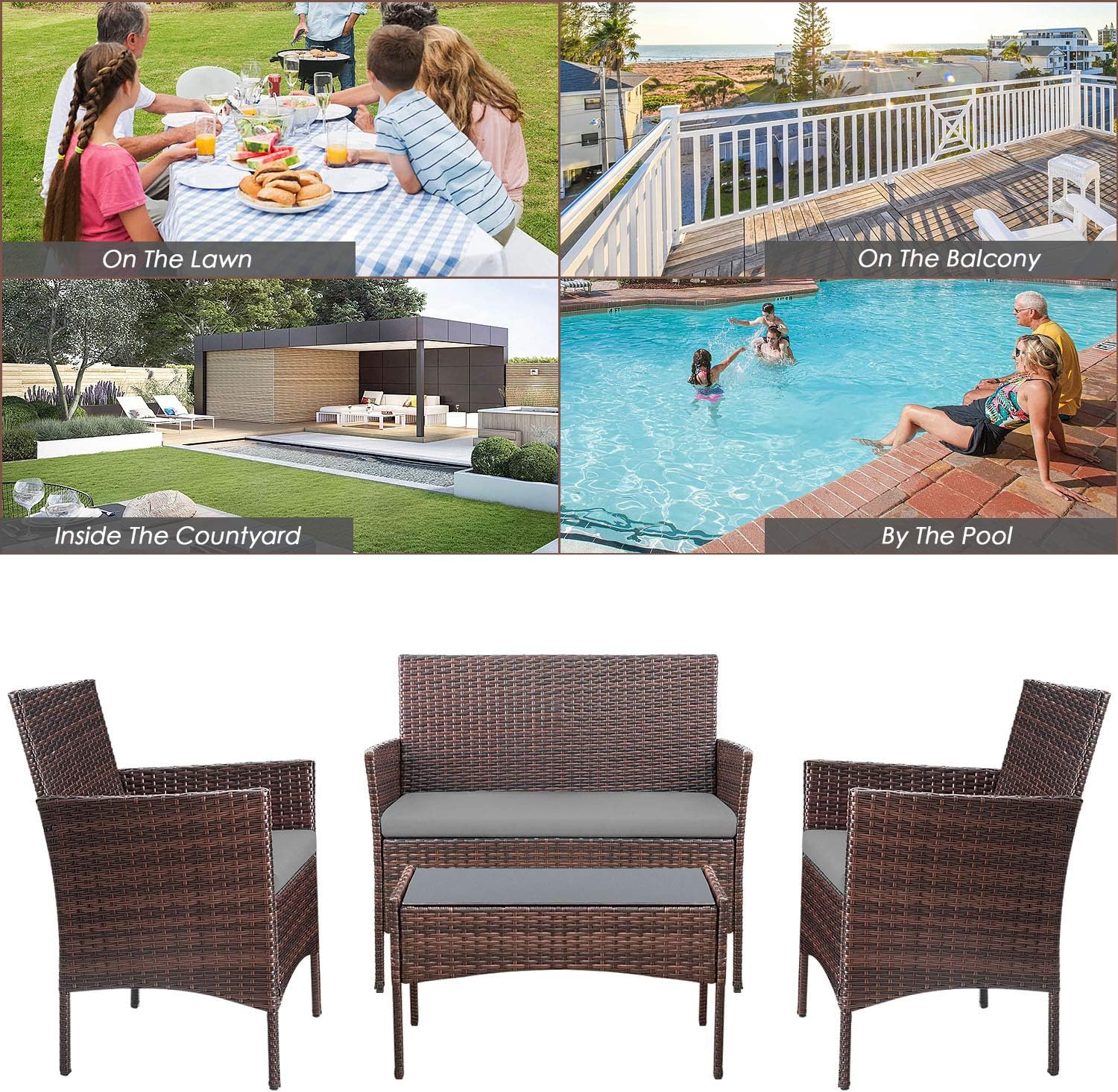 Homall 4 Pieces Outdoor Patio Furniture Sets Rattan Chair Wicker Set, Outdoor Indoor Use Backyard Porch Garden Poolside Balcony Furniture Sets Clearance (Brown and Beige)