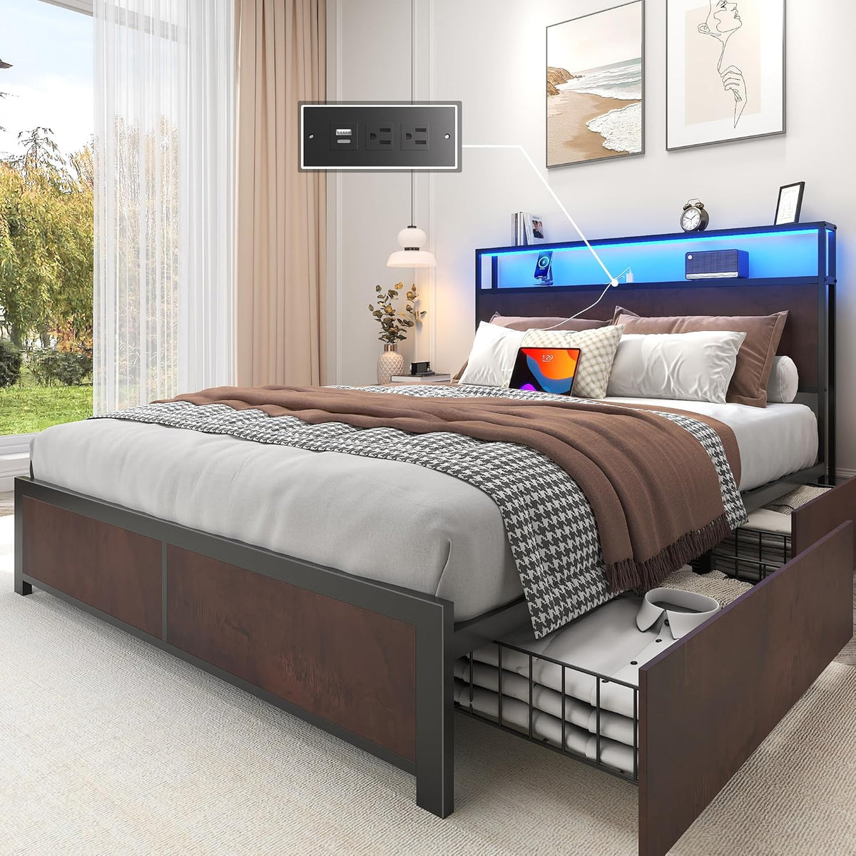 Lifezone Queen Bed Frame with 2-Tier Storage Headboard, Metal Platform Bed Frame with 4 Storage Drawers, Built in Charging Station & LED, Noise-Free/Metal Support/No Box Spring Needed