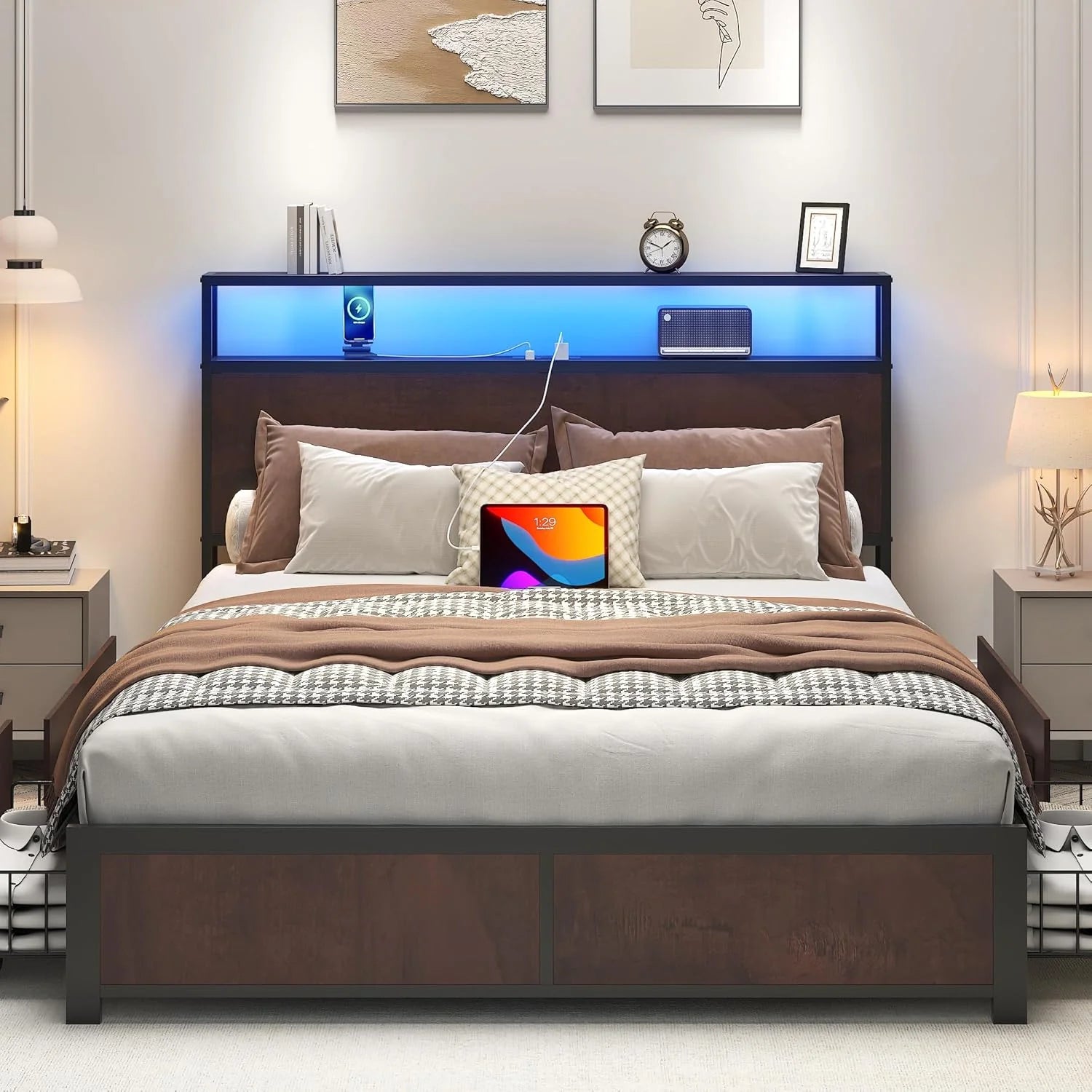 Lifezone Queen Bed Frame with 2-Tier Storage Headboard, Metal Platform Bed Frame with 4 Storage Drawers, Built in Charging Station & LED, Noise-Free/Metal Support/No Box Spring Needed