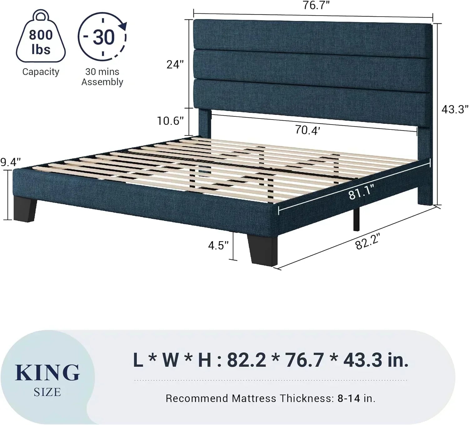 Allewie King size platform bed frame with velvet upholstered headboard and planks