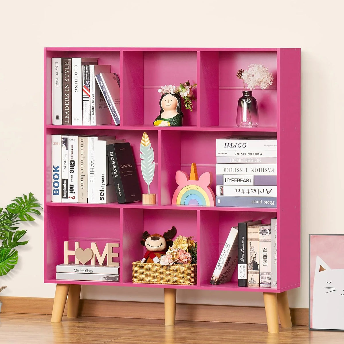 LEYAOYAO Wooden 7 Cube Book Shelf Natural Bookshelf Legs Modern Open Storage Organizer