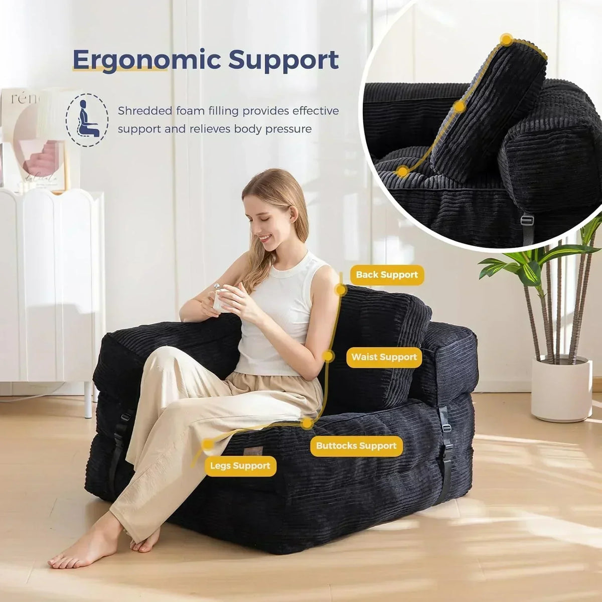 Folding Sofa Bed L-Shaped Convertible Sofa Bed with Armrests and Pillows