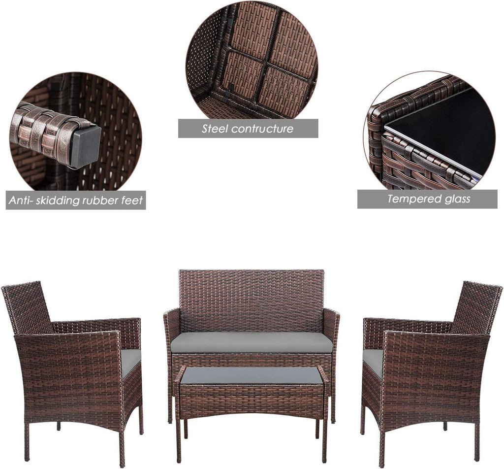 Homall 4 Pieces Outdoor Patio Furniture Sets Rattan Chair Wicker Set, Outdoor Indoor Use Backyard Porch Garden Poolside Balcony Furniture Sets (Grey)