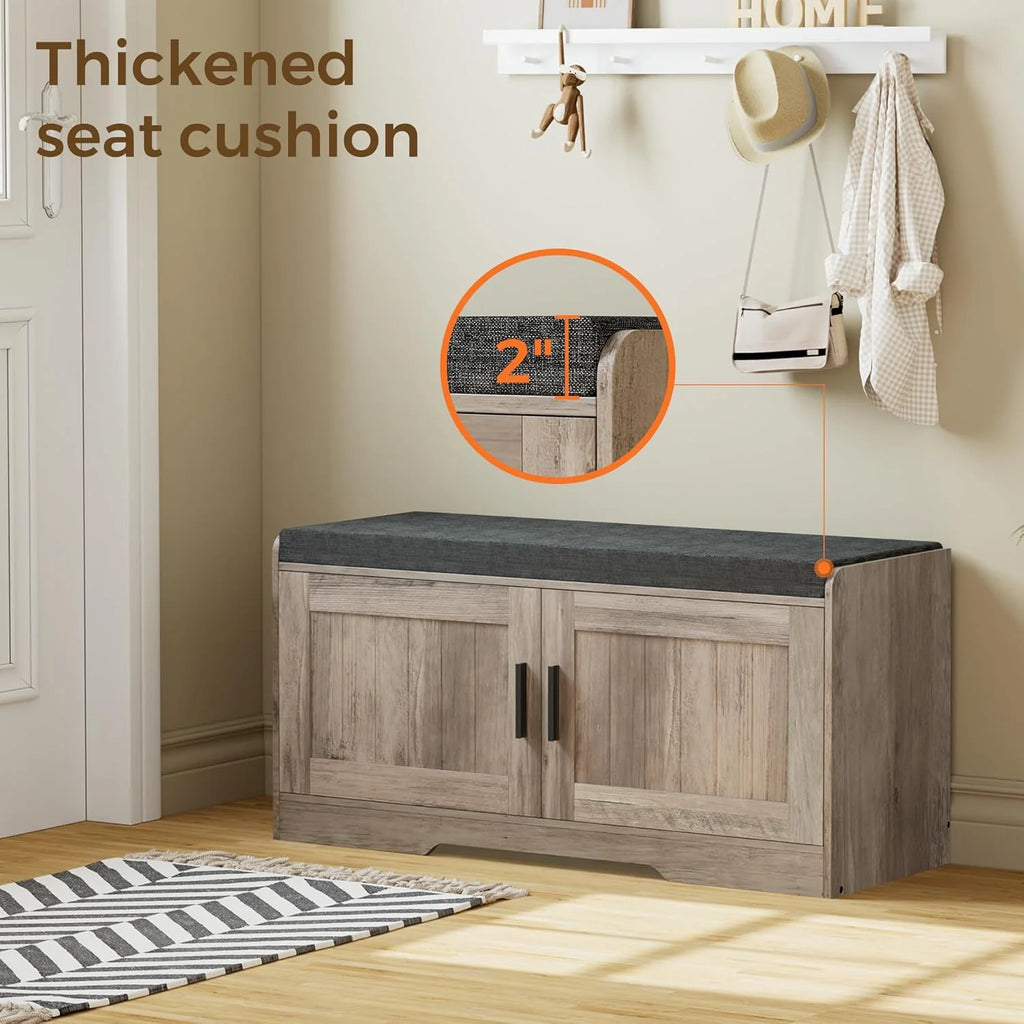 2-Tier Storage Bench, Shoe Bench with Thickened Padded Seat Cushion, Entryway Bench with 4 Doors, Adjustable Shelf