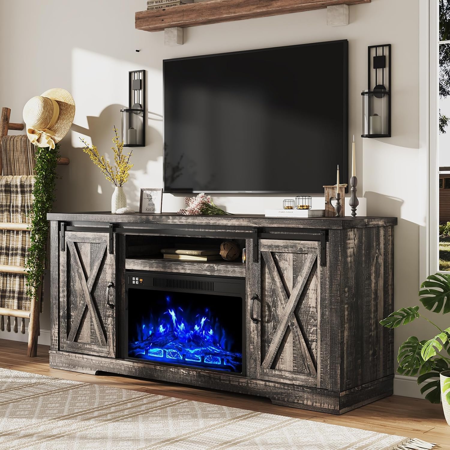 AMERLIFE Fireplace TV Stand with Sliding Barn Door  Farmhouse 63 Fireplace Entertainment Center