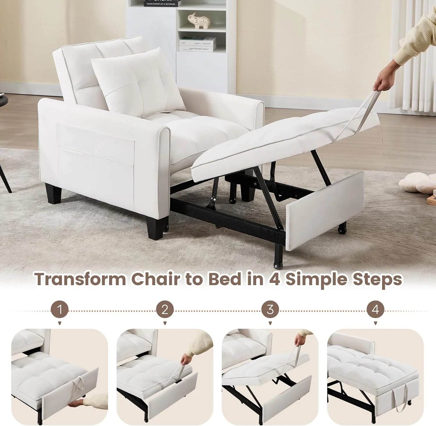 Convertible Sleeper Chair, 3 in 1 Sleeper Chair Bed Pull Out Sofa Bed Chairs, Velvet Single Sofa with Adjustable Backrest