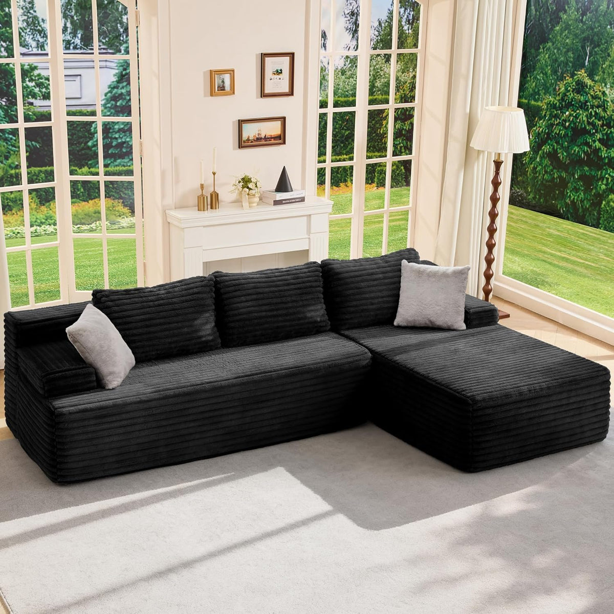 Modular Sectional Sofa Couches L-Shape Couch 3 Seat Modular Sofa Memory Foam Sectional Couches for Living Room, Cloud Couch with Oversized Chaise (Grey Stripe, 96 Left Facing Chaise)
