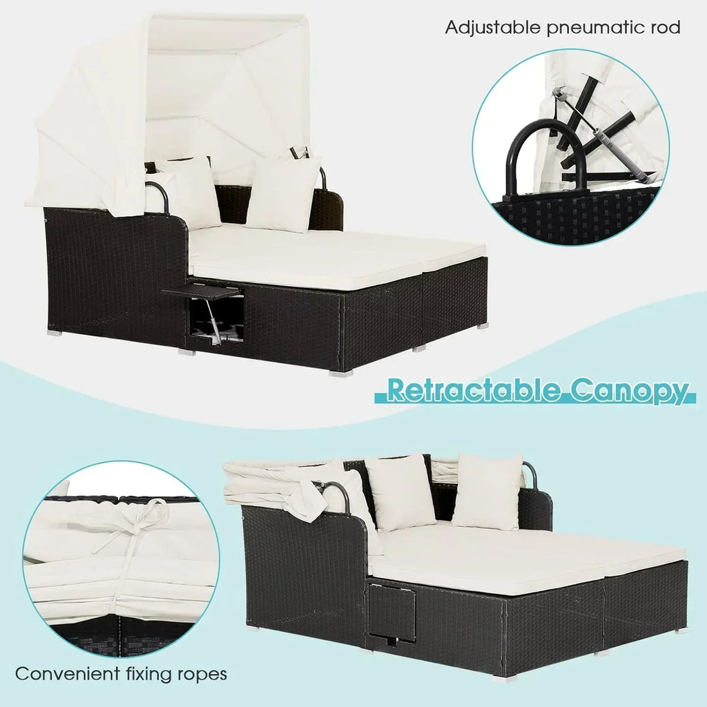 RELAX4LIFE Patio Outdoor Daybed with Canopy Wicker Sunbed Cushions 4 Pillows