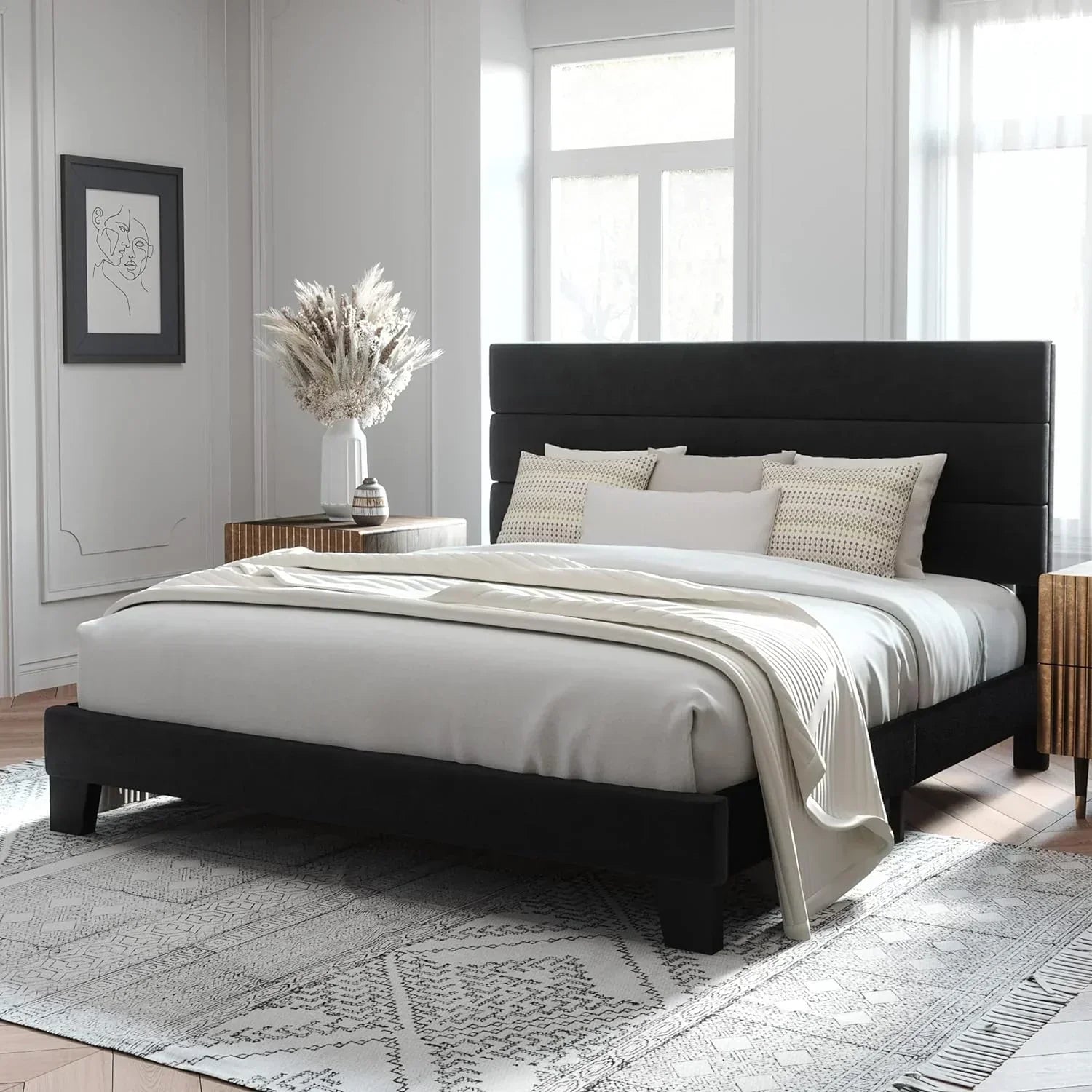 Allewie King size platform bed frame with velvet upholstered headboard and planks