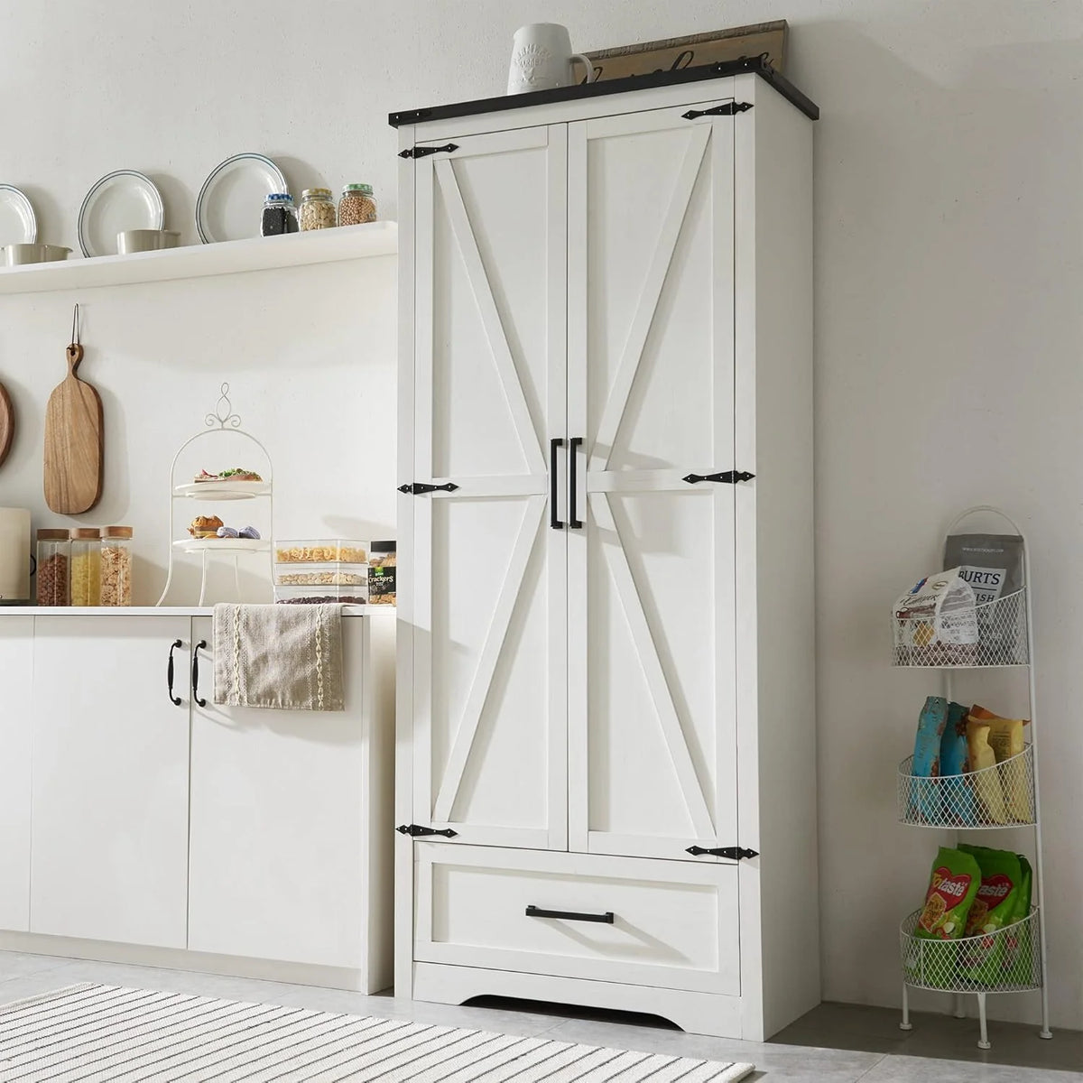 JXQTLINGMU Farmhouse Kitchen Pantry Cabinet - 72 Tall Wood Kitchen Storage Cabinets with Adjustable Shelves & 2 Barn Style Doors & Drawer, Versatile Storage for Dining Room, Bathroom, Antique White