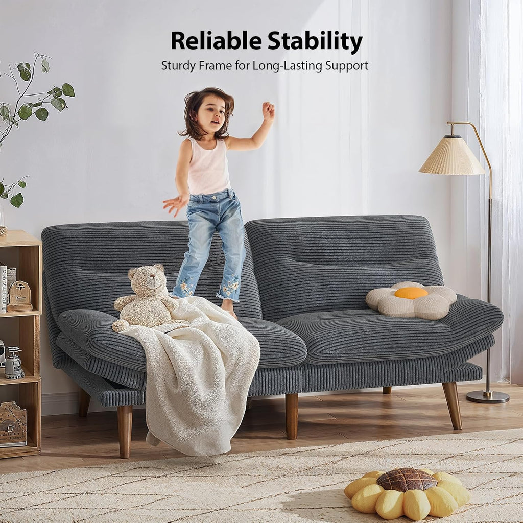 Pipishell Convertible Futon Sofa Bed,66 Corduroy Futon Couch with Adjustable Backrest and Armrests, Recliner Sleeper Sofa for Small Spaces, Play Room or Office, Grey