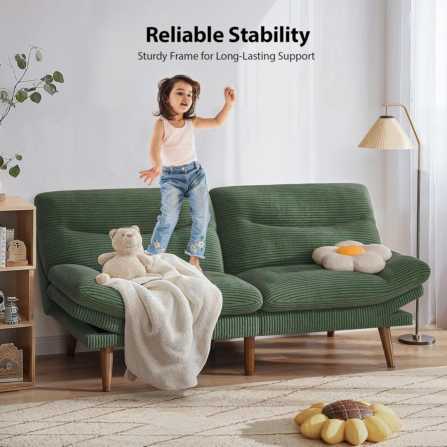 Pipishell Convertible Futon Sofa Bed,66 Corduroy Futon Couch with Adjustable Backrest and Armrests, Recliner Sleeper Sofa for Small Spaces, Play Room or Office, Grey
