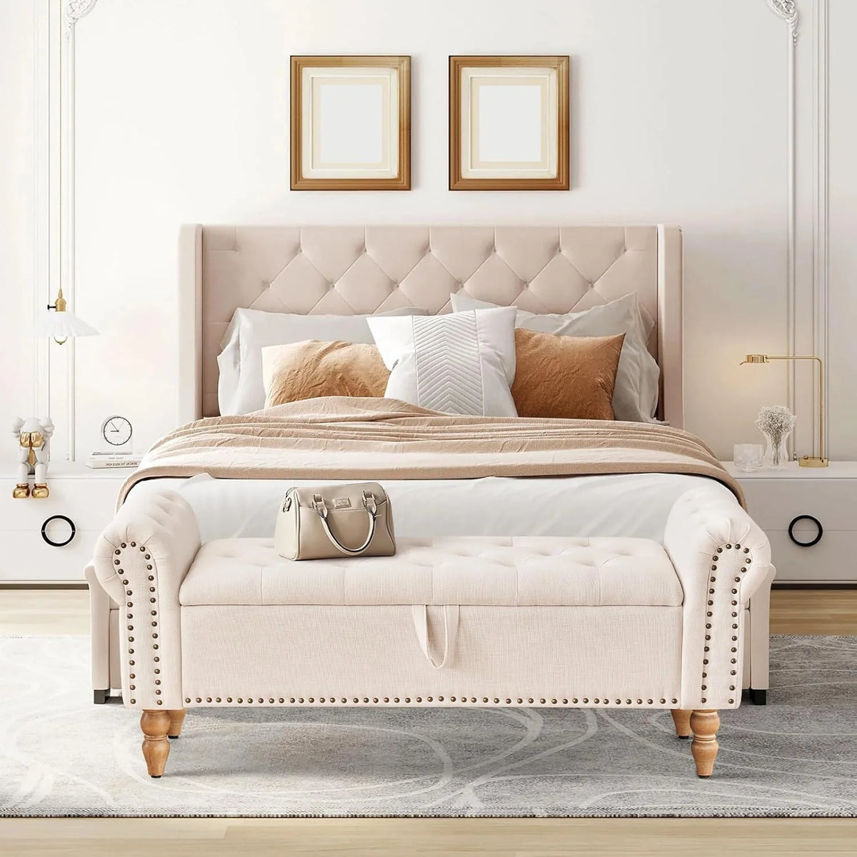 Furniliving Modern Storage Ottoman Bench, Sherpa Ottoman End of Bed Bench with Solid Wood Legs Upholstered Ottoman Benches with Storage Indoor Bench