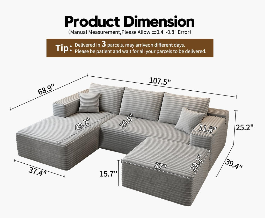 107.5 Cloud Modular Sectional Sofa Couch with L-Shape Chaise,Modern Minimalist Upholstered Couches