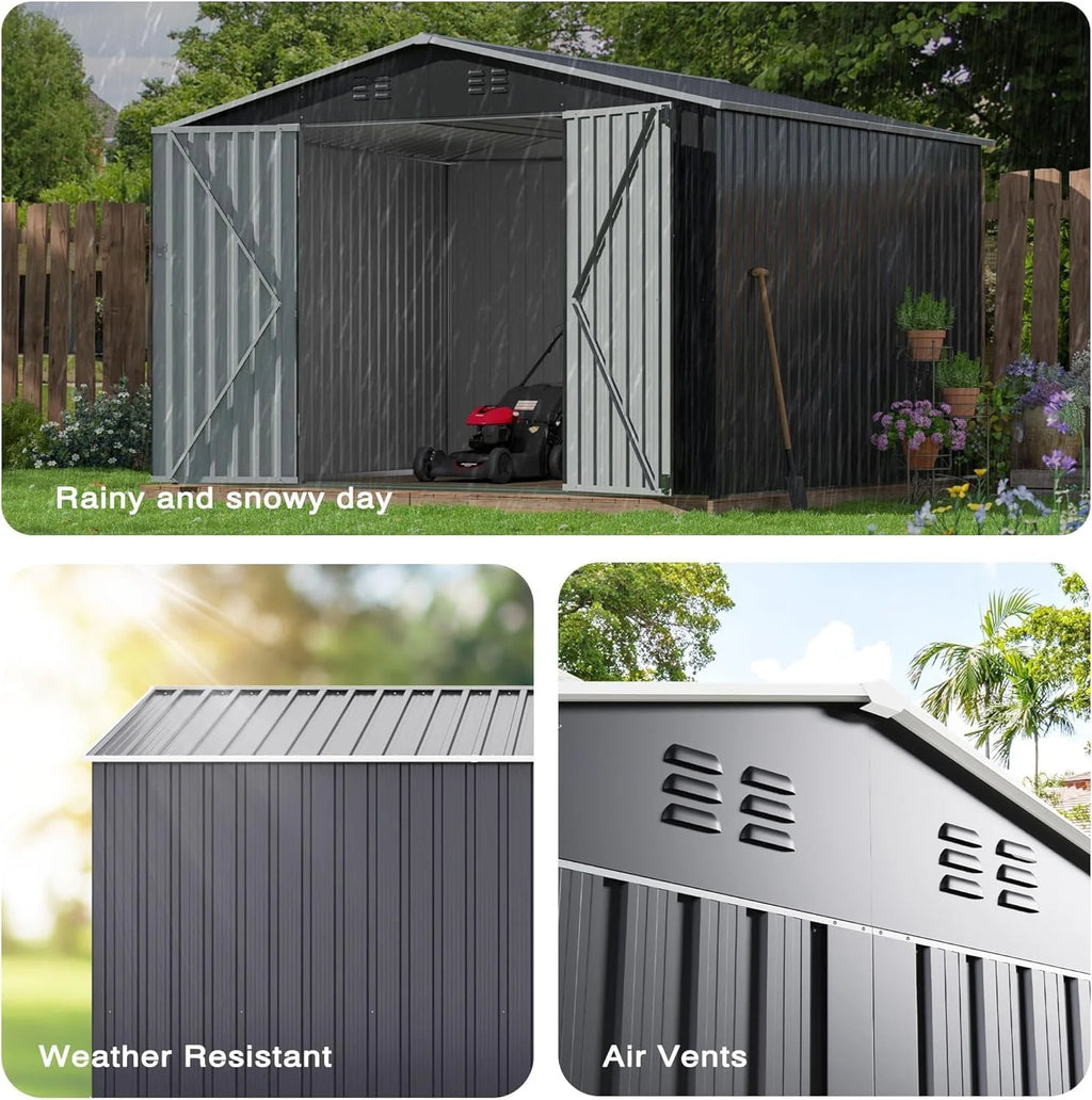 Polar Aurora 8 x 12 FT Outdoor Storage Shed, Metal Garden Shed with Updated Frame Structure, Tool Sheds for Backyard Garden Patio Lawn Black