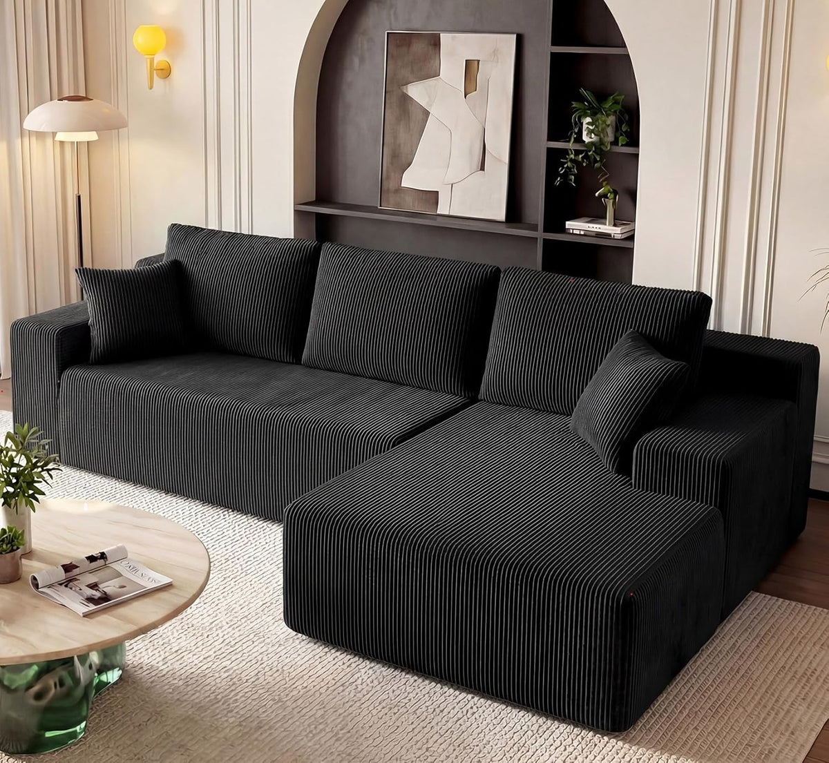 Cloud Sectional Boneless Couches for Living Room, Modular L Shaped Couch with Deep Seat Oversized Right Facing Chaise, Memory Foam Compressed Spineless 3 Seater Sofa for Apartment, Black | No Assembly Required, Deep Seat, Cat-Claw Resistant, High-Res