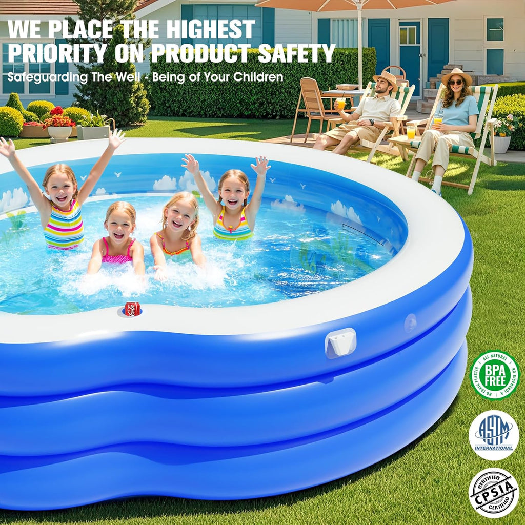 2025 Upgraded Inflatable Pool with Canopy, Inflatable Family Lounge Pool, Round Blow Up Pool for Adult with Bench & Backrest, Swim Center Easy Backyard Pools for Kids & Adults, 92x92x26, Blue