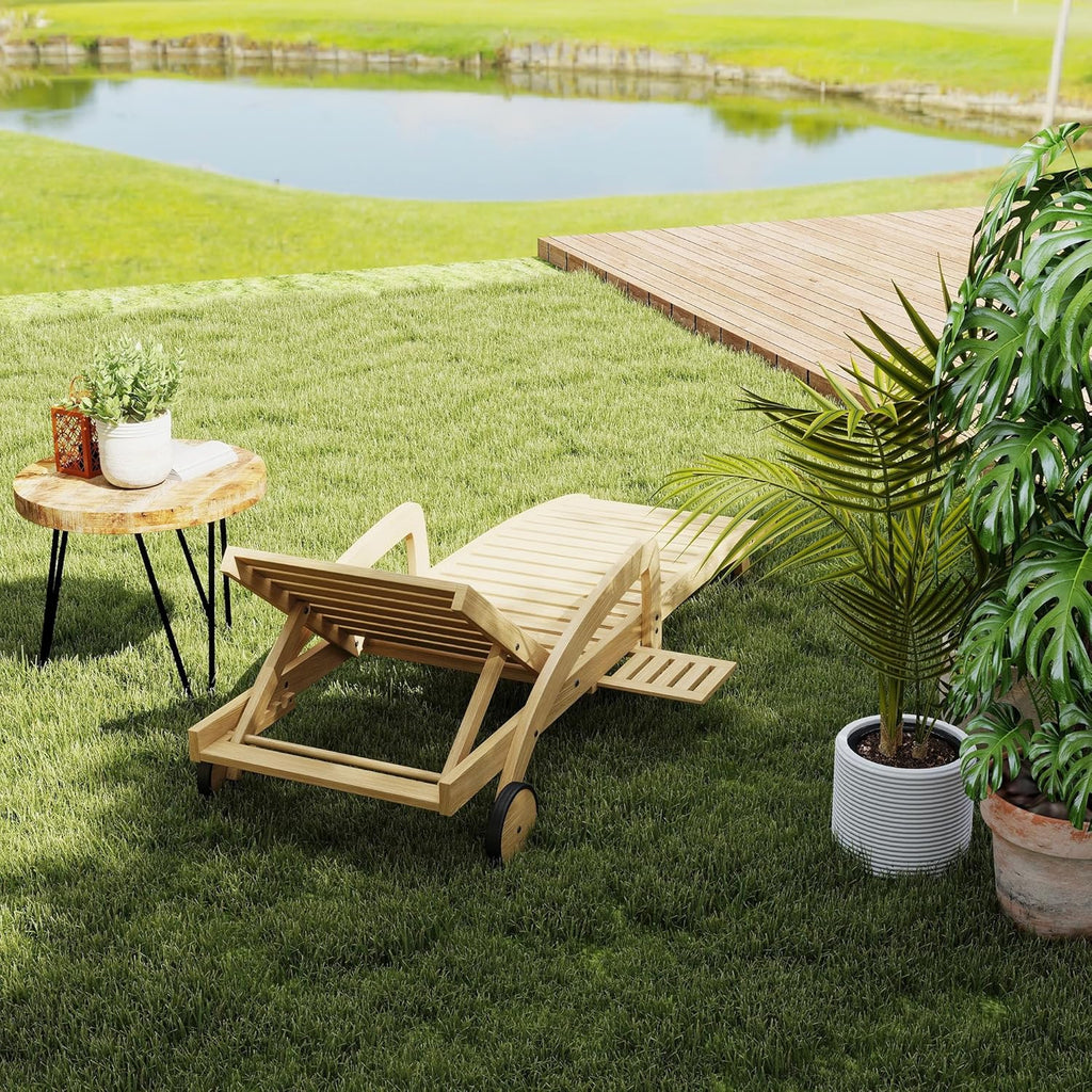 Pool Chaise Lounge Chairs Set of 4 5-Position Adjustable Outdoor Patio Lounge Chairs Wood Reclining Chaise Lounger Chair with Pullout Side Table