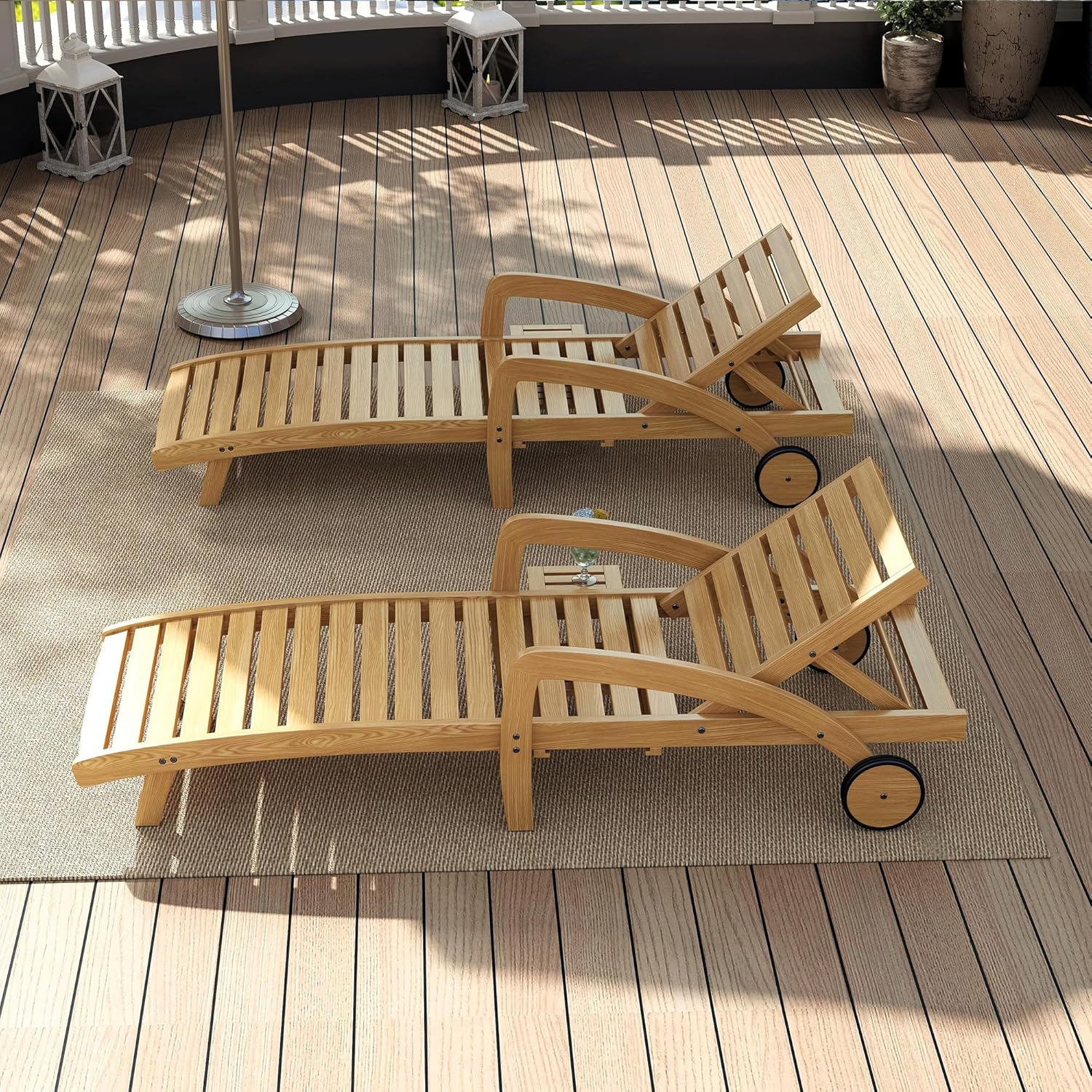 Pool Chaise Lounge Chairs Set of 4 5-Position Adjustable Outdoor Patio Lounge Chairs Wood Reclining Chaise Lounger Chair with Pullout Side Table