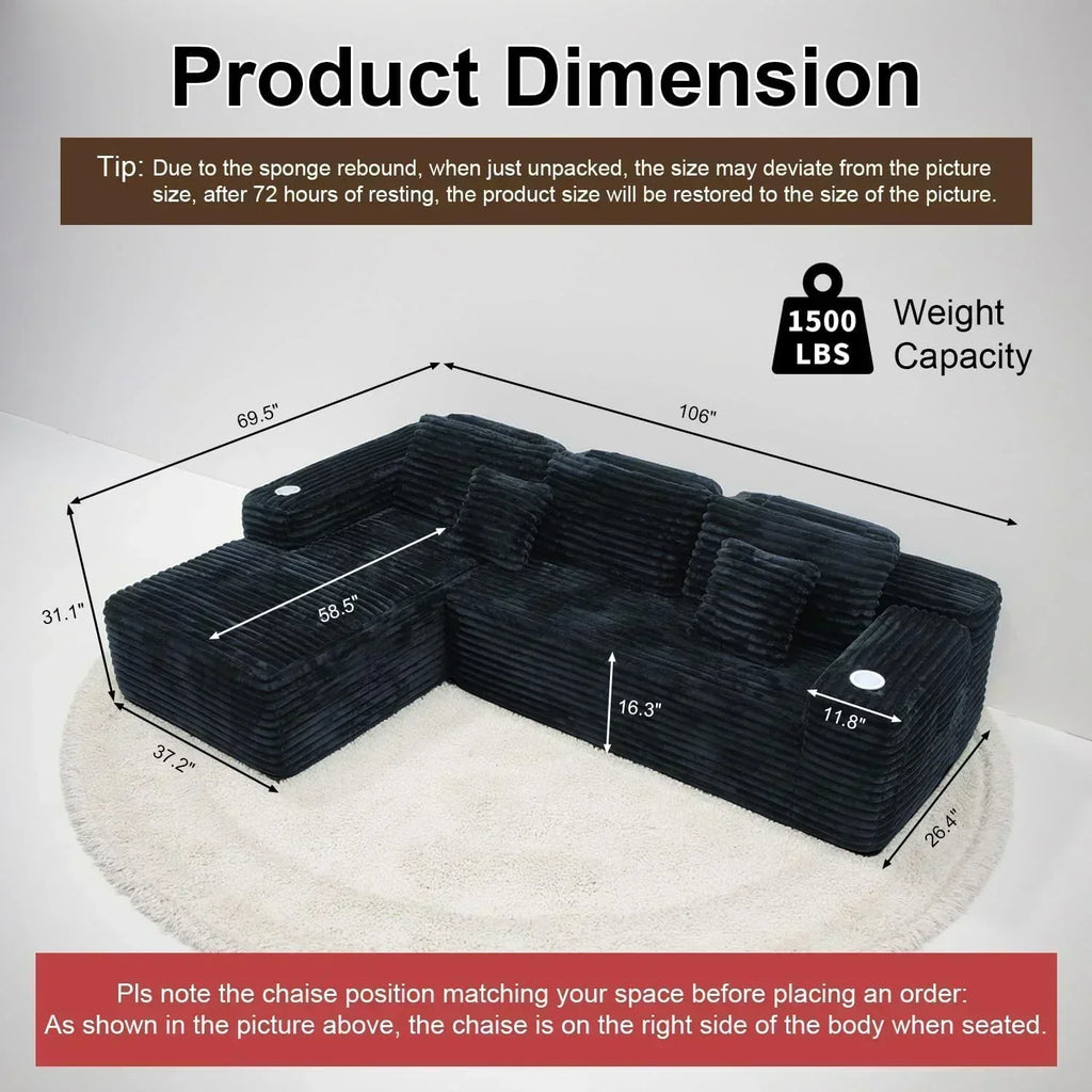 Cloud section sofa with L-shaped recliner modern modular sofa built-in cup holder