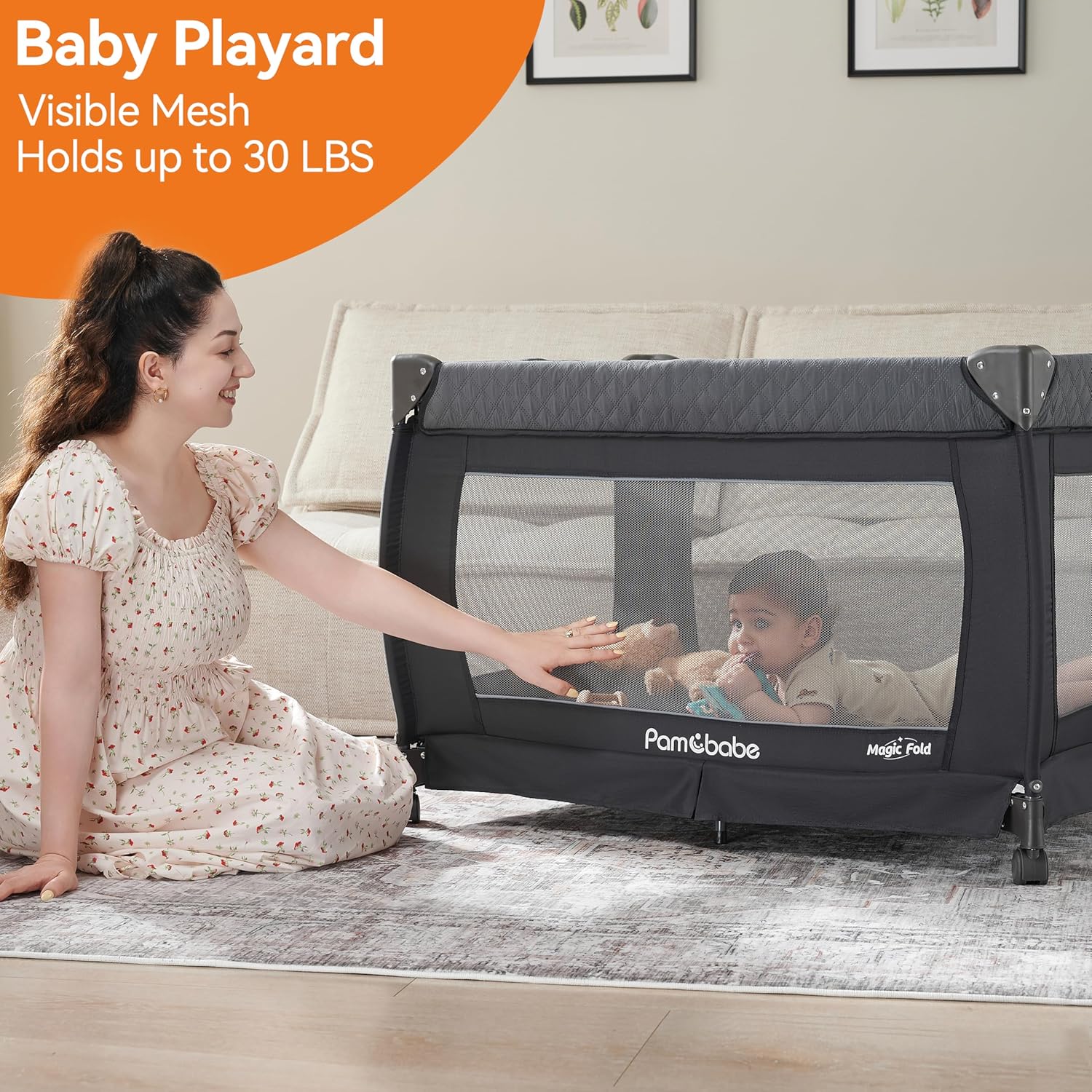Pamo Babe Baby Playpen - Heavy-duty steel frame provides a safe sleeping space and portable crib