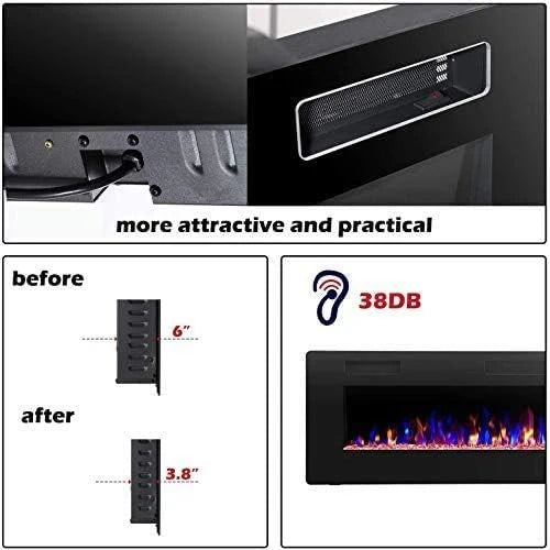 R.W.FLAME 60 Recessed and Wall Mounted Electric Fireplace, Low Noise, Fit for 2 x 6 Stud, Remote Control with Timer, Touch Screen, Adjustable Flame Color and Speed, 750-1500W