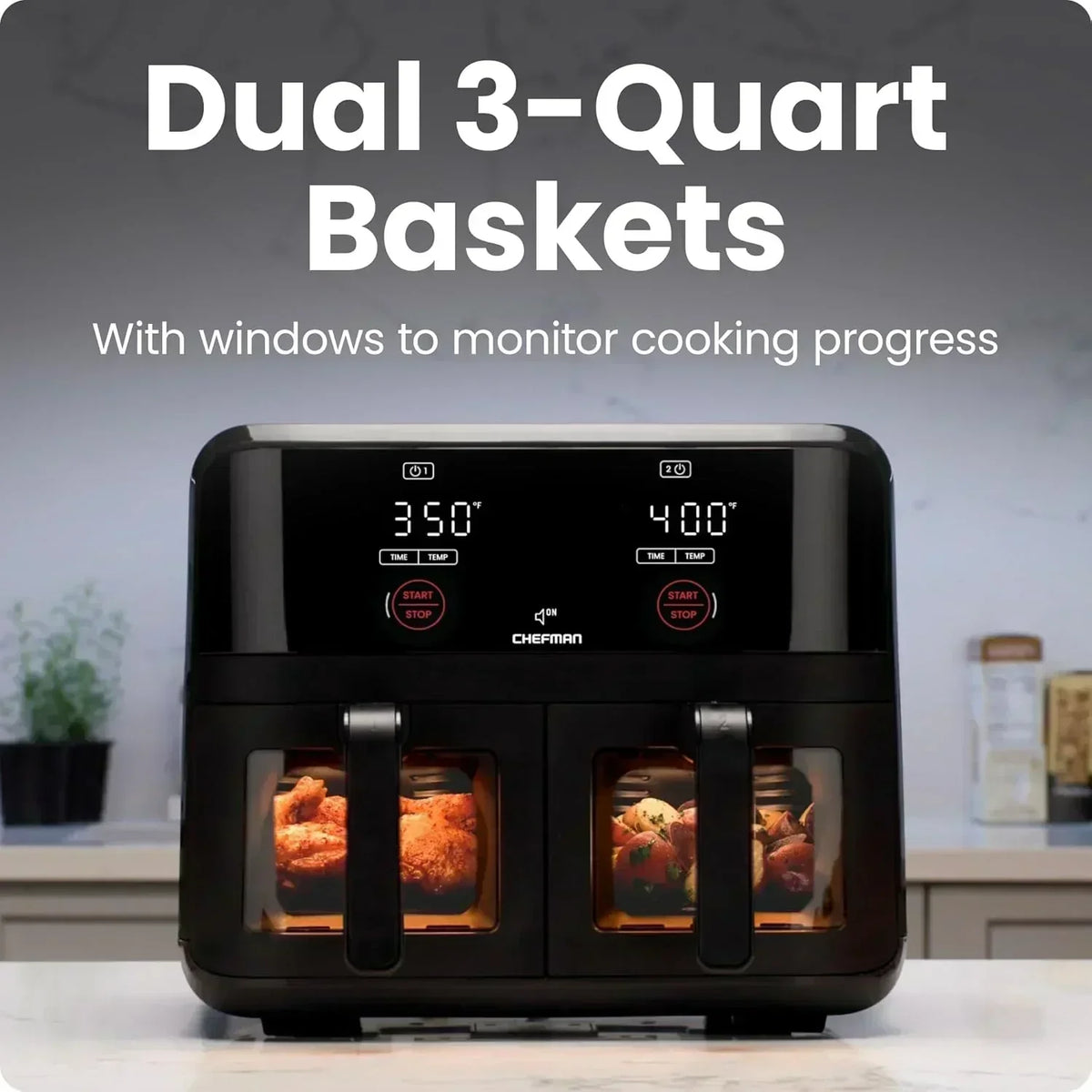 Chefman 6-Quart Double Basket Air Fryer Easy View Window uses two separate nonstick pans