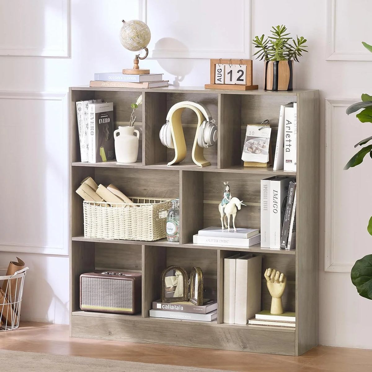 LEYAOYAO Wooden 7 Cube Book Shelf Natural Bookshelf Legs Modern Open Storage Organizer