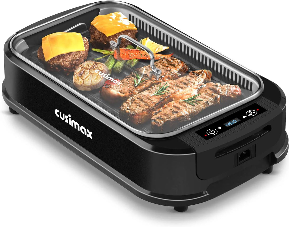 Indoor Grill CUSIMAX Electric Smokeless Grill Portable Korean BBQ with Turbo Smoke Extractor Technology, Non-stick Removable Plate, Tempered Glass Lid, Great for Party(Single Plate)