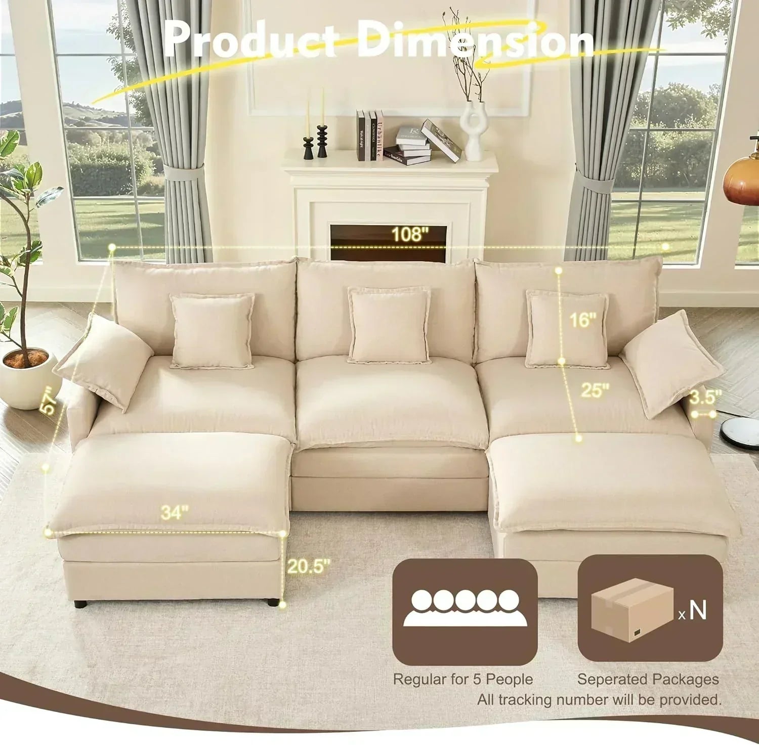 108 Inch U Shape Sofa Sectional Sofa Comfortable Cloud Sofa Living Room Deep Seat Sofa