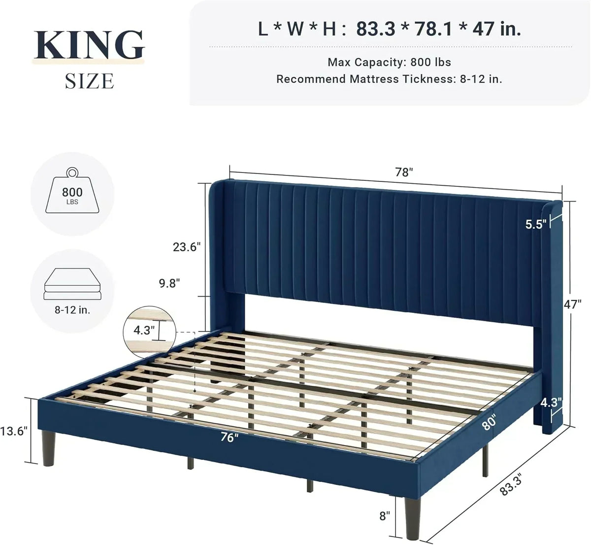 Allewie Full Size Velvet Bed Frame Vertical Channel Tufted Wingback Headboard Upholstered Bed