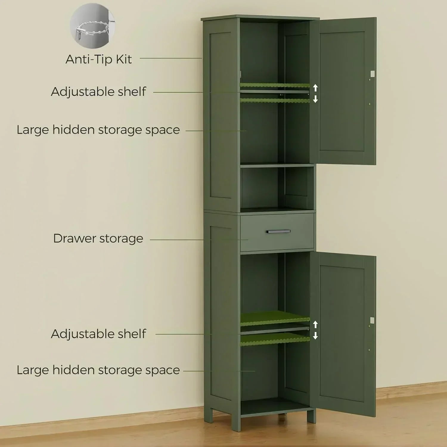 Homhedy 67 H Tall Bathroom Storage Cabinet with 2 Barn Doors and 1 Drawer Narrow Storage Unit