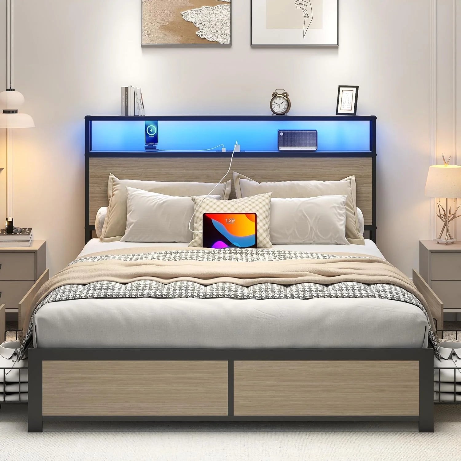 Lifezone Queen Bed Frame with 2-Tier Storage Headboard, Metal Platform Bed Frame with 4 Storage Drawers, Built in Charging Station & LED, Noise-Free/Metal Support/No Box Spring Needed