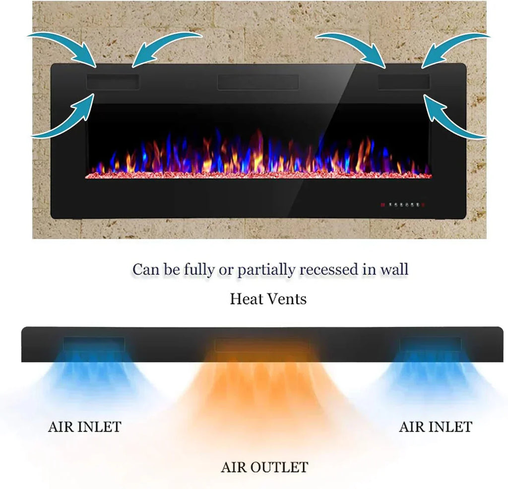 R.W.FLAME 60 Recessed and Wall Mounted Electric Fireplace Low Noise Fit for 2 x 6 Stud
