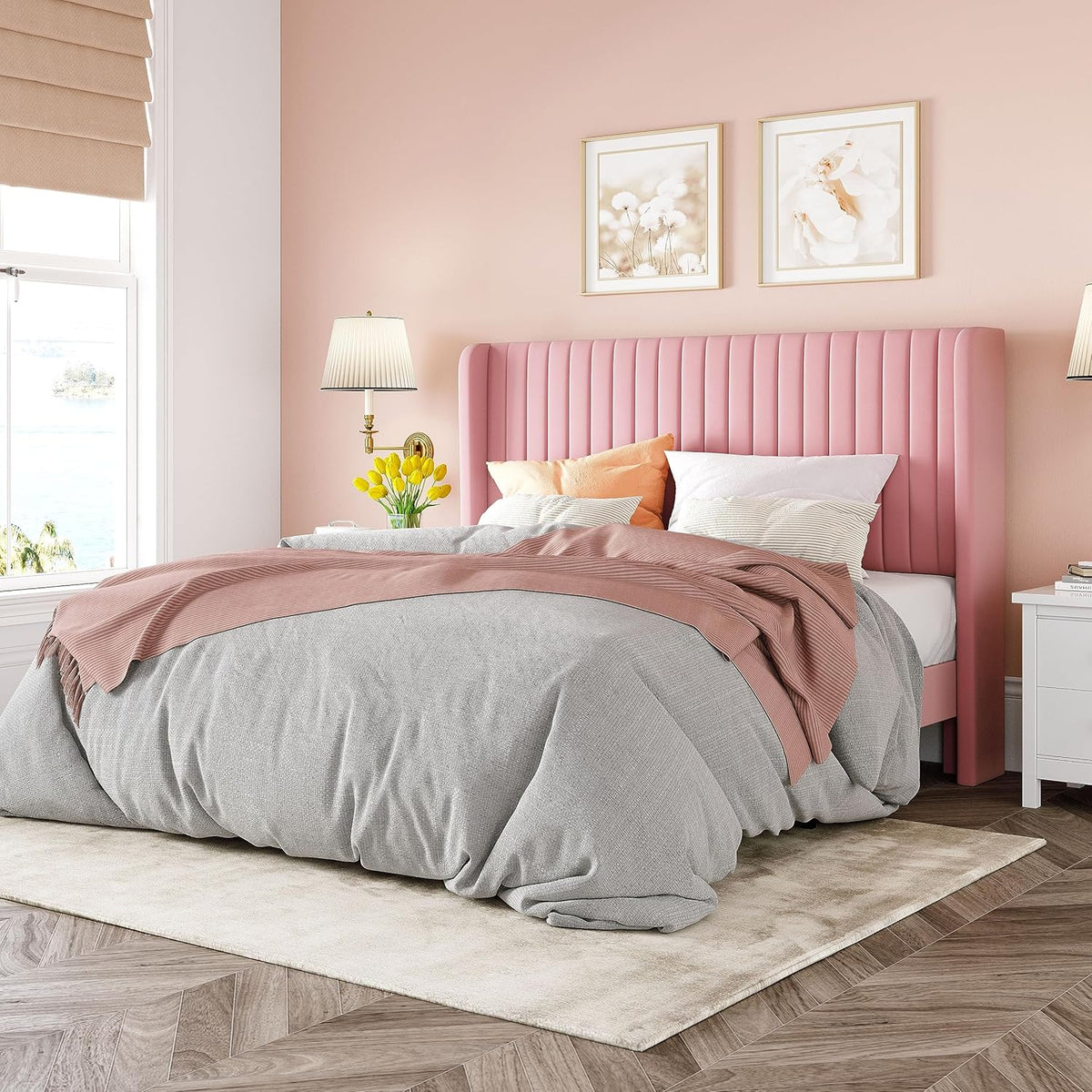 Allewie Full Size Velvet Bed Frame Vertical Channel Tufted Wingback Headboard Upholstered Bed