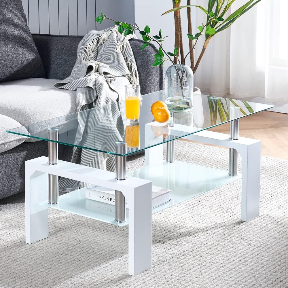 Living Room Rectangle Coffee Table, Tea Table Suitable for Waiting Room, Modern Side Coffee Table with Wooden Leg, Glass Tabletop