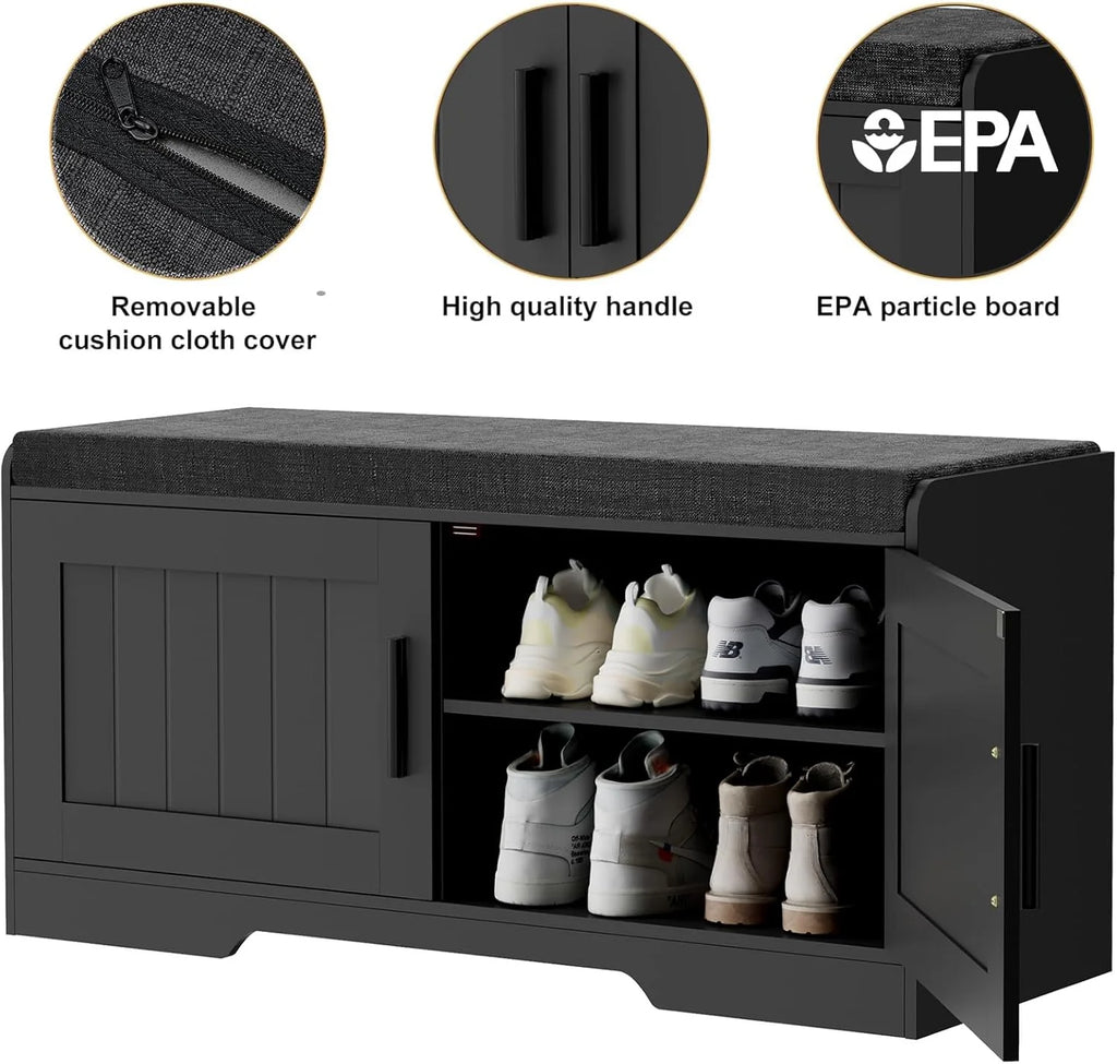2-Tier Storage Bench, Shoe Bench with Thickened Padded Seat Cushion, Entryway Bench with 4 Doors, Adjustable Shelf, 13.8 D x 45.3 W x 18.5 H, for Entryway, Living Room, Bedroom, White